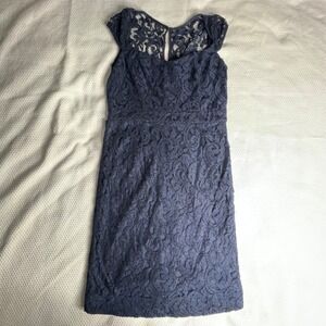 Marina Navy Blue Lace Sheath Dress Cap Sleeve Keyhole Back Size 12 NWT with Flaw